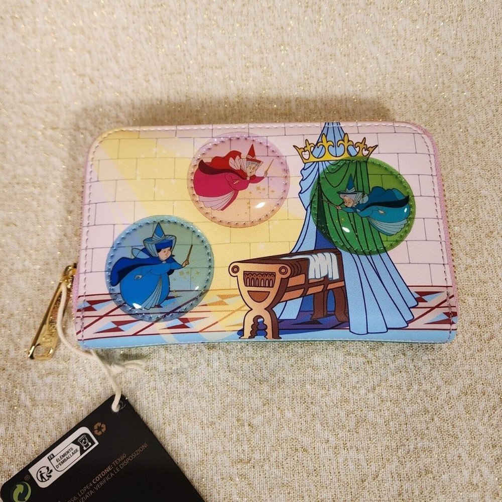 Loungefly Disney Sleeping Beauty Castle 3 Good Fairies Bubble Zip Wallet NEW - Picture 6 of 13